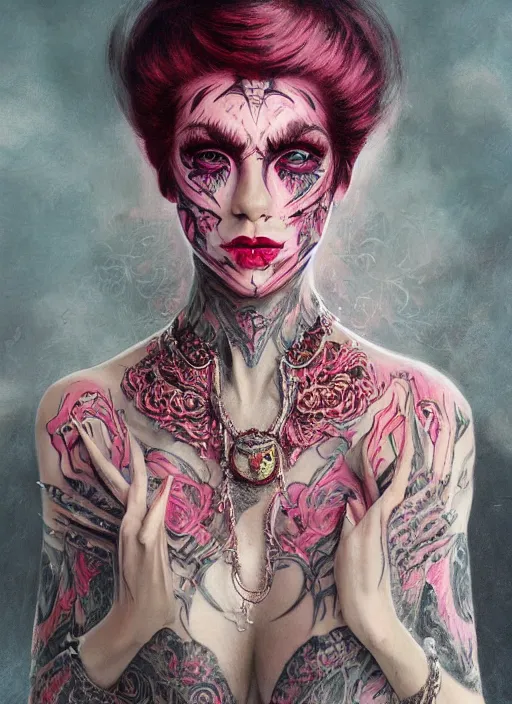 Image similar to portrait of pink vampire, symmetric, facepaint facepaint facepaint, intricate jewelry, trending on artstation 4 k, high quality, in the style of karol bak and tom bagshaw, tattoos
