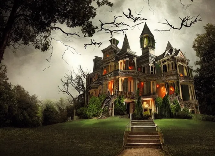 Image similar to a haunted mansion atop a hill during a thunder storm, scary, night, lighting, cinimatic, movie, horror, photorealism