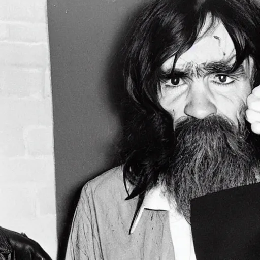 Image similar to Charles Manson as the fifth member of the Beatles