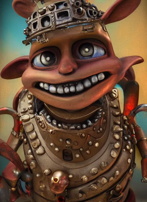 Image similar to closeup portrait of a tin toy mediedval goblin, depth of field, zeiss lens, detailed, symmetrical, centered, fashion photoshoot, by nicoletta ceccoli, mark ryden, lostfish, earl nore, hyung tae, frank frazetta, breathtaking, 8 k resolution, extremely detailed, beautiful, establishing shot, artistic, hyperrealistic, octane render