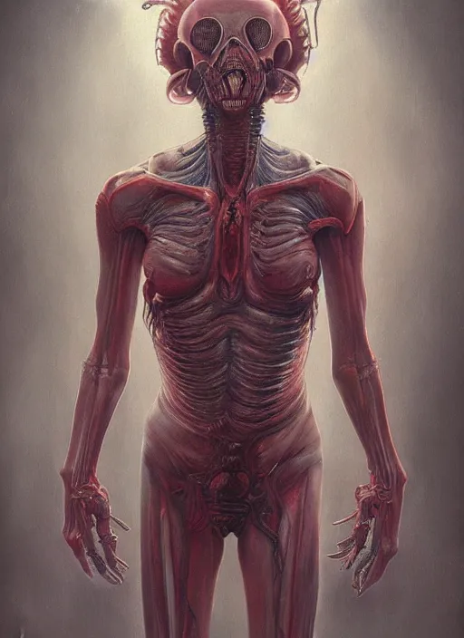 Image similar to a hyper detailed upper body portrait of ellen ripley hybrid xenomorph, by tom bagshaw, by zdzisław beksinski, trending on artstation