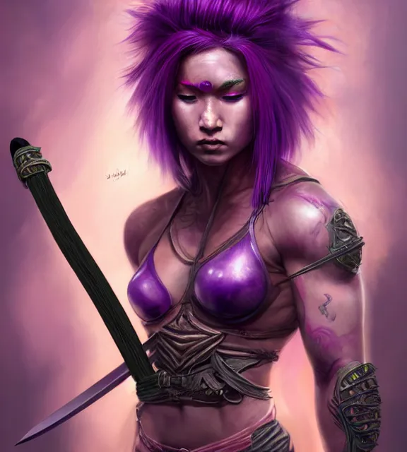 Image similar to muscular female warrior holding hilt of katana, perfect face, diadem, detailed neon tattoos, black halter top, purple hair, abs, cinematic, blush, stunning, athletic, strong, agile, highly detailed, psychedelic, digital painting, artstation, smooth, hard focus, illustration, art by jessica rossier and and brian froud