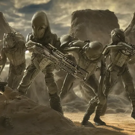 Image similar to alien standing in a desert with soldiers pointing guns at it, high quality, highly detailed