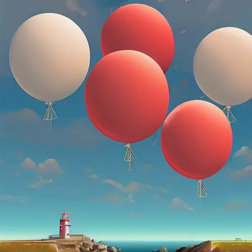 Image similar to plenty of floating birthday balloons. beautiful sea with a lighthouse. digital art, highly - detailed, artstation cgsociety masterpiece