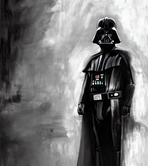 Image similar to black-and-white portrait of Darth Vader by Craig Mullins; extraordinary-masterpiece; realistic-lighting