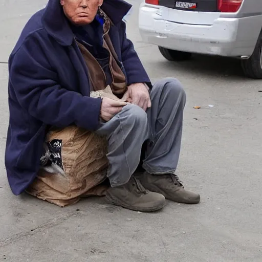 Image similar to donald trump dressed as a homeless man living in the slums