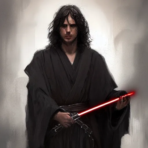 Image similar to portrait of a man by greg rutkowski, british features, messy black long hair, black robes, star wars expanded universe, he is about 2 0 years old, wearing jedi robes, highly detailed portrait, digital painting, artstation, concept art, smooth, sharp foccus ilustration, artstation hq