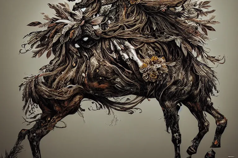 Image similar to a stunning horse made of gnarled wood and plants by sandra chevrier and greg rutkowski, high key lighting, volumetric light, digital art, highly detailed, fine detail, intricate, ornate, complex, octane render, unreal engine, photorealistic