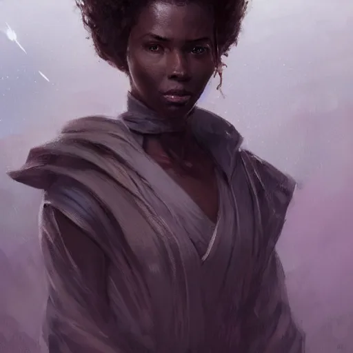 Prompt: portrait of a woman by greg rutkowski, youn jedi knight, black, afro hair, prettt, star wars expanded universe, she is about 2 0 years old, wearing jedi robes, highly detailed portrait, digital painting, artstation, concept art, smooth, sharp foccus ilustration, artstation hq