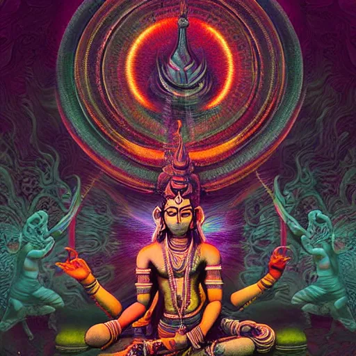 Prompt: Hindu god Shiva meditating, intricate artwork by Tooth Wu and beeple, greg rutkowski, hyperrealism, high detail, vibrant colors, radiant divine being, high contrast, depth of field