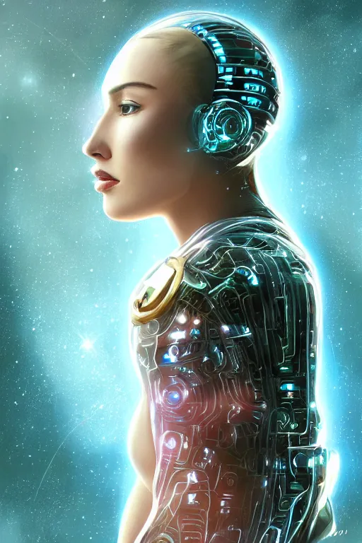 Image similar to detailed portrait cyber noun, attractive feminine curves, intricated, scifi, futuristic, elegant cape, year 2 1 0 0, elegant, alien room background, white, blue, pink, gold, photorealism, trending on artstation, so - s 1 4 8 ft light, holy machine, advanced technology, art by vitaly bulgarov and chanthara