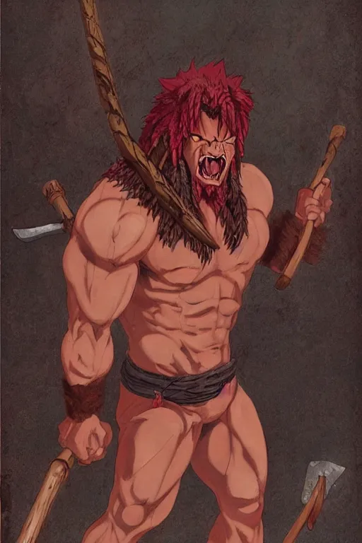 Image similar to muscular red skinned oni barbarian wearing a tattered loincloth and holding two axes, detailed, portrait, makoto shinkai