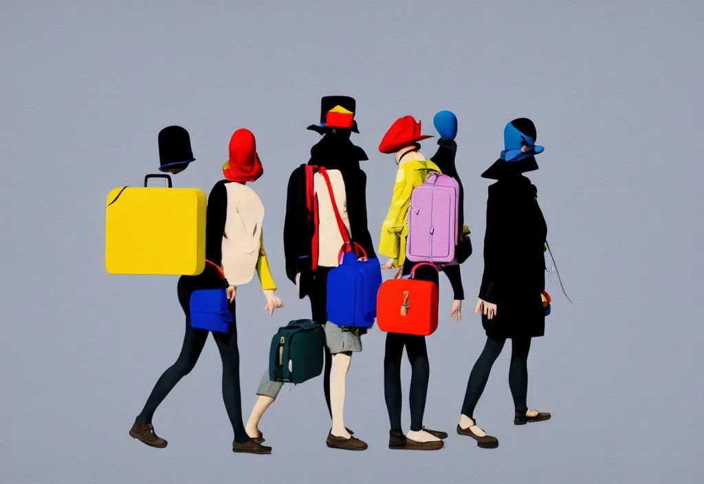 Image similar to full body portrait of a trio of european tourists autumn travel apparel, various poses walking and carrying luggage, character designs painting, in the style of wes anderson, rene magritte, lola dupre, david hockney, isolated on white background, dark monochrome neon spraypaint accents volumetric octane render