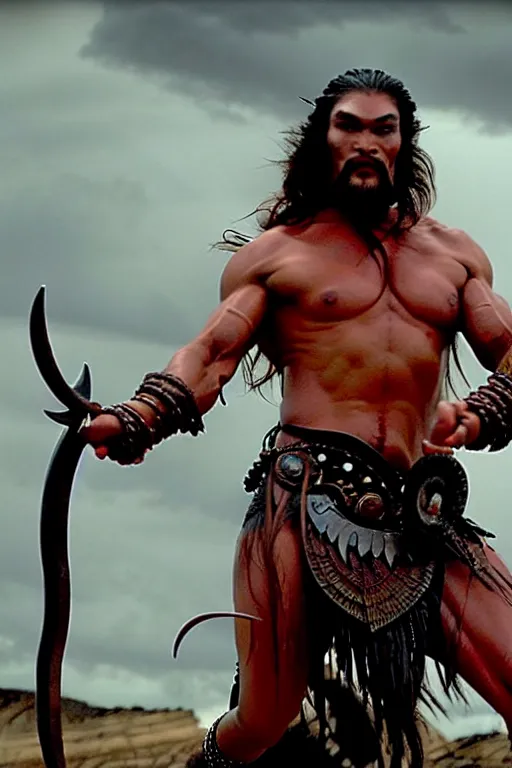 Image similar to film still from conan the barbarian, jason momoa as conan, wearing royal crimson fantasy ornate spartan dragon scale armor, volumetric lighting, wet skin and windblown hair, muscular!!!, battle action pose, frank frazetta, boris vallejo, greg rutkowski cinematic light, frank miller, ridley scott, high contrast