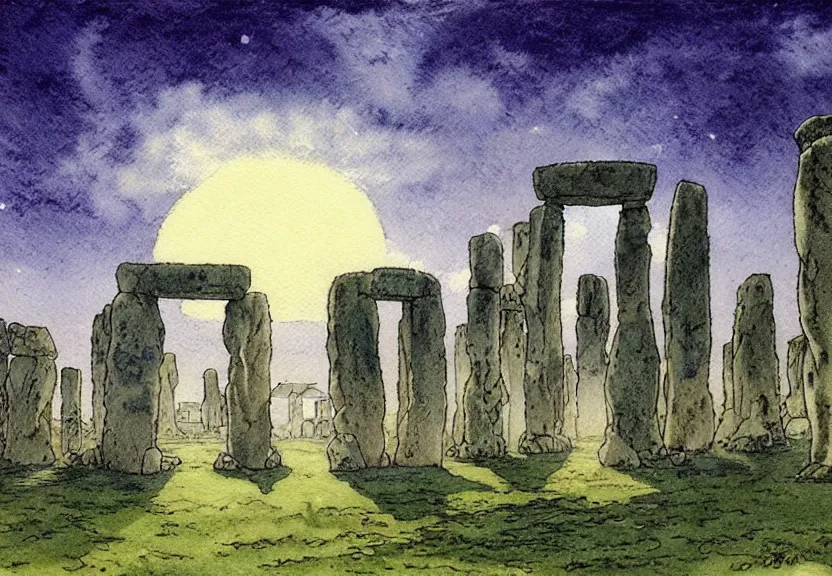 Prompt: a simple watercolor studio ghibli movie still fantasy concept art of a giant druid standing in stonehenge in the ocean. it is a misty starry night. by rebecca guay, michael kaluta, charles vess