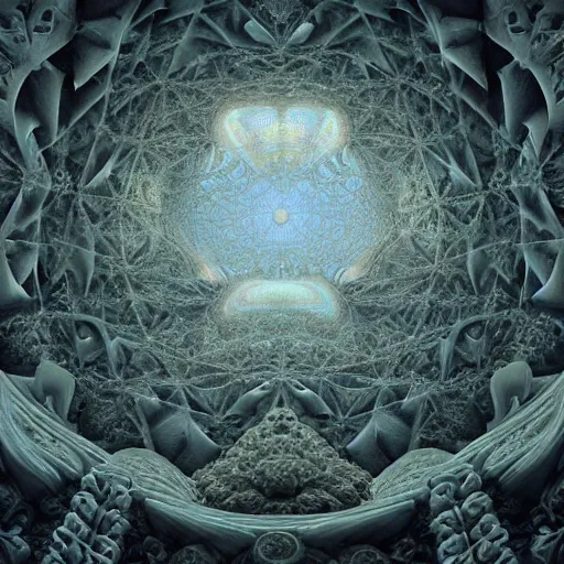 Image similar to a hyperrealistic 3 d painting of a huge sprawling fractal cathedral interior populated by mandelbrot fractals by android jones, unreal engine, carved stone, carved soap, white color scheme, volumetric lighting, octane render, dramatic lighting, glowing, carved marble, opalescent, sacred geometry, religious, angelic, catholicpunk, stark, 8 k, ultra detailed