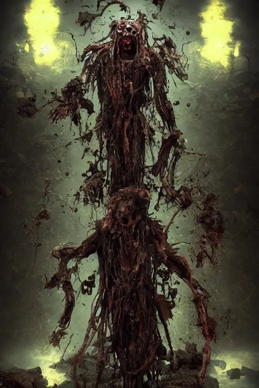 Image similar to god of decay and rot, character design, scary, radiating with power, glowing eyes, whirling death, disgusting, dripping, oily, decomposition, ghostly mist, scary, unreal engine, photorealistic