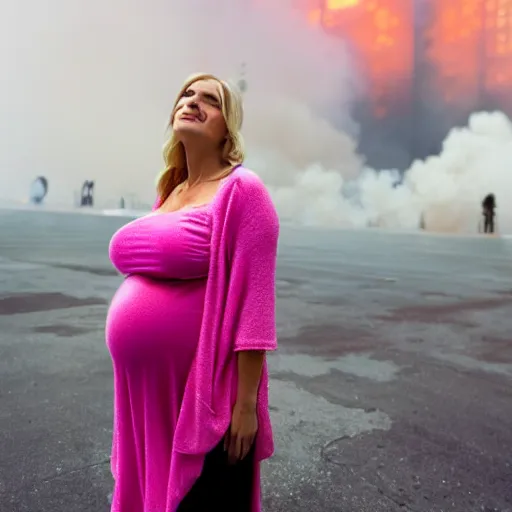 Image similar to a beautiful blonde pregnant woman, in front of the collapsing world trade center on 9 / 1 1 with pink smoke, 1 2 0 mm, clear details, award winning