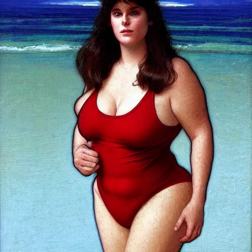 Image similar to portrait of cute 2 0 years old slightly obese courtney cox in red swimsuit running on a beach, intricate, hyperdetailed, photorealistic, diffuse lighting, hdrp, artstation, unreal 5, smooth, textless, sharp focus, art by john collier, albert aublet, krenz cushart, artem demura, alphonse mucha