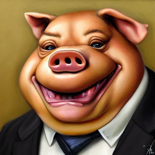 Prompt: photo portrait of an anthropomorphic fat pig wearing a suit, masterpiece, highly detailed, hyperrealistic, digital painting, by Ralph Horsley, by artgerm