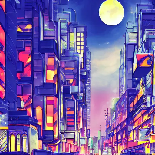 Image similar to abstract city street buildings fragments and neon signs floating, night, big moon trending on pixiv fanbox