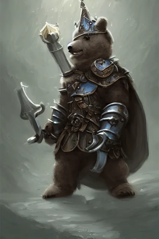 Image similar to cute little anthropomorphic bear knight wearing a cape and a crown, tiny, small, miniature bear, baby animal, short, pale blue armor, cute and adorable, pretty, beautiful, DnD character art portrait, matte fantasy painting, DeviantArt Artstation, by Jason Felix by Steve Argyle by Tyler Jacobson by Peter Mohrbacher, cinematic lighting