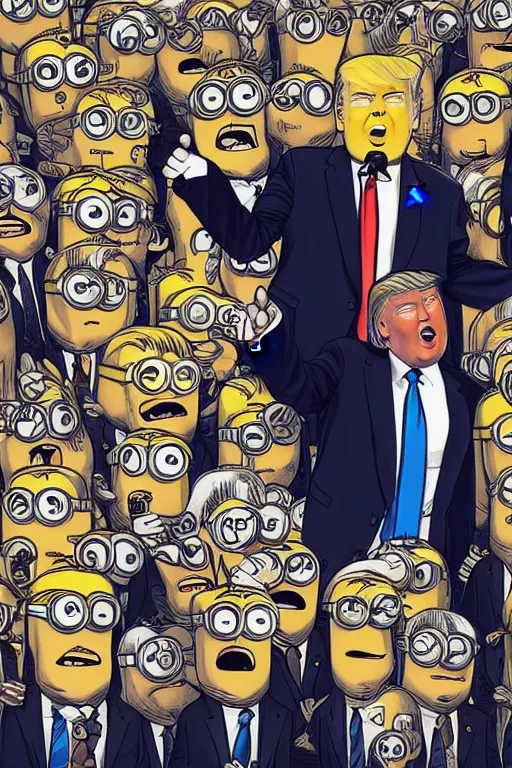 Image similar to trump with blond hair as a minion standing in front of a riot, sketch, intricate, portrait, 8 k highly professionally detailed, hdr, cgsociety