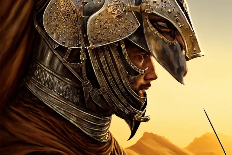 Image similar to Portrait of a handsome king in the desert, Medieval Warrior, detailed scene, Armour and Crown, Sword, photo realistic, highly detailed, dramatic lighting, trending on artstation, elegant, intricate, character design, motion and action and tragedy, fantasy, D&D, highly detailed, digital painting, concept art