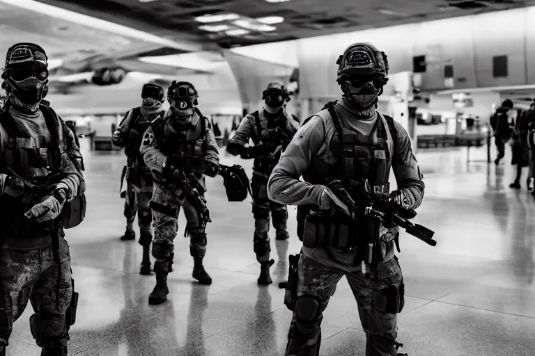 Image similar to Mercenary Special Forces soldiers in grey uniforms with black armored vest and black helmets fighting inside an airport in 2022, Canon EOS R3, f/1.4, ISO 200, 1/160s, 8K, RAW, unedited, symmetrical balance, in-frame, combat photography