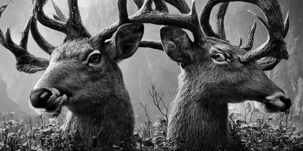 Prompt: portrait of deer head transforming into root monster, edelweiss growing on his head, forest, dolomites, alpine, detailed intricate insanely detailed octane render, 8k artistic 1920s photography, photorealistic, black and white, chiaroscuro, hd, by David Cronenberg, Raphael, Caravaggio