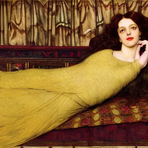 Prompt: preraphaelite photography reclining on bed, a hybrid of judy garland and lady gaga, aged 2 5, big brown fringe, yellow ochre ornate medieval dress, charles sillem lidderdale, john william waterhouse, kilian eng, rosetti, john everett millais, william holman hunt, william morris, 4 k