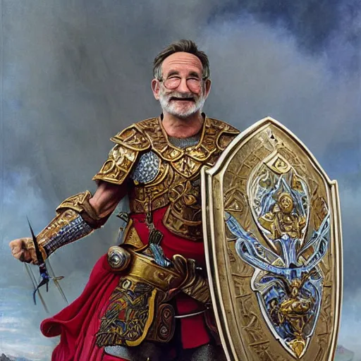 Image similar to an ultradetailed portrait of robin williams dressed as a fantasy holy paladin, carrying a large tower shield, d & d, fantasy, intricate, elegant, highly detailed, digital painting, matte, sharp focus, illustration, plate armor, god rays, art by john collier and albert aublet and krenz cushart and artem demura and alphonse mucha