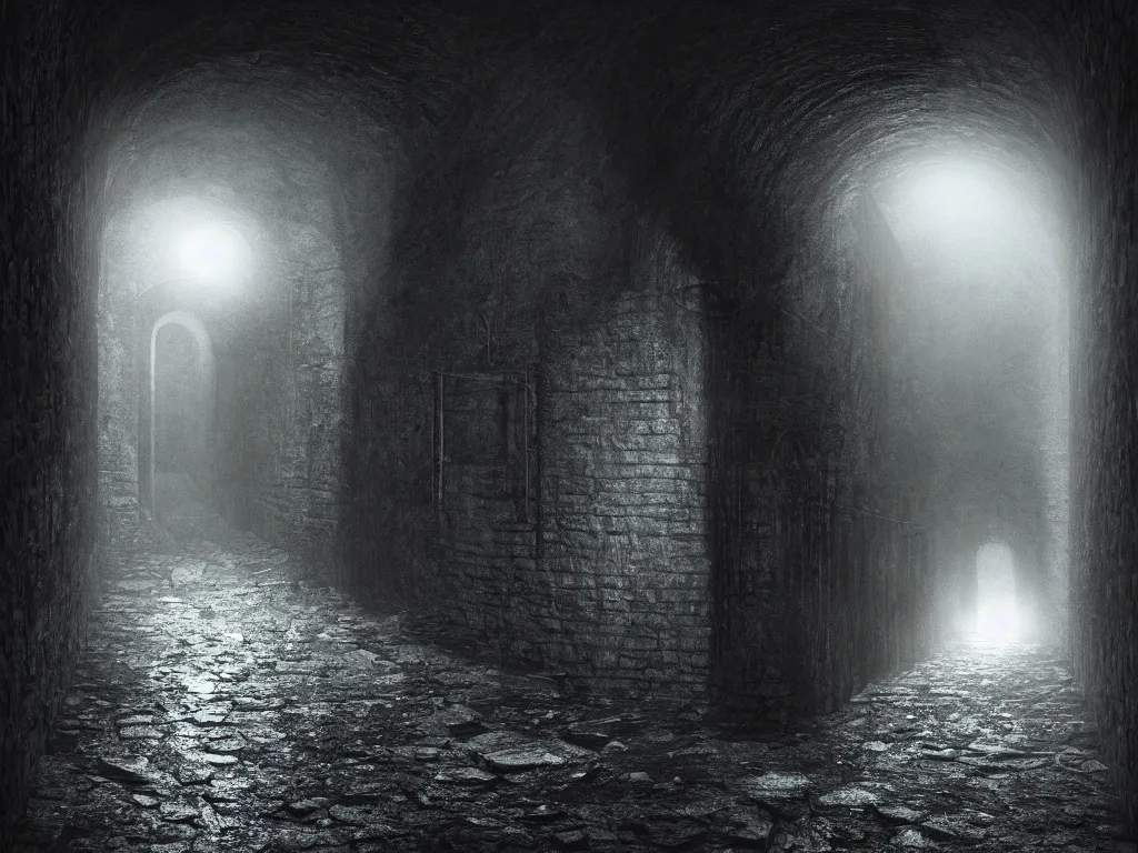 Prompt: A narrow tunnel in a dungeon. Horror, creepy, unsettling, dark, mysterious, strange, photo realistic, stunning atmosphere, cinematic lighting, cinematic Rendering, 4K, rendered in octane