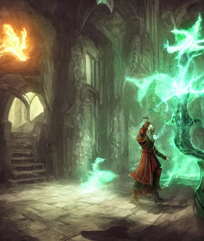 Image similar to a concept art of a wizard in his castle discovering a magic scroll that gives eternal life, atmospheric magic dark scene with green fires in the lights, a big door in the background