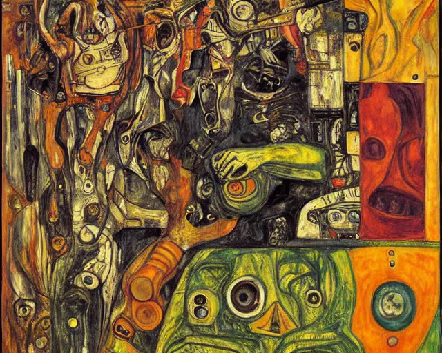 Image similar to a painting of a aliens and robots by graham sutherland, egon schiele, gustav klimt, edvard munch, expressionism