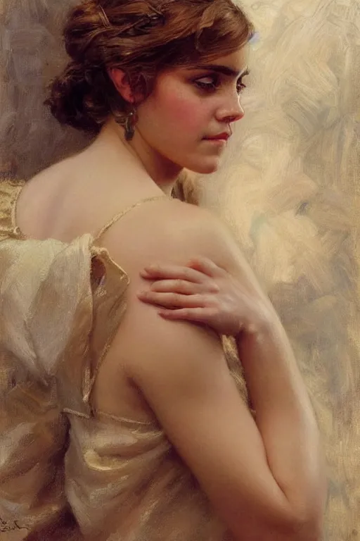 Prompt: detailed portrait of a beautiful emma watson thicc, painting by gaston bussiere, craig mullins, j. c. leyendecker