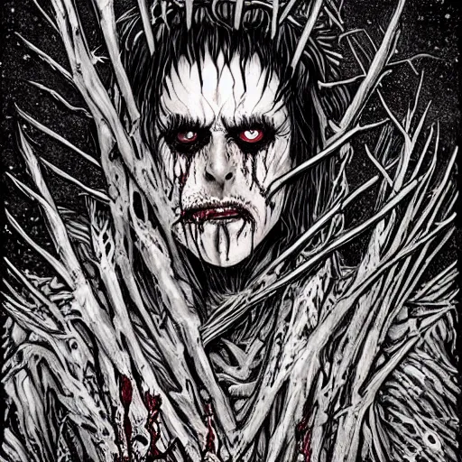 Image similar to full body detailed artwork of man wearing corpse paint and a crown on thorns with long black hair, tears of blood. Wide shot at night. Artwork by Junji Ito and dan Mumford