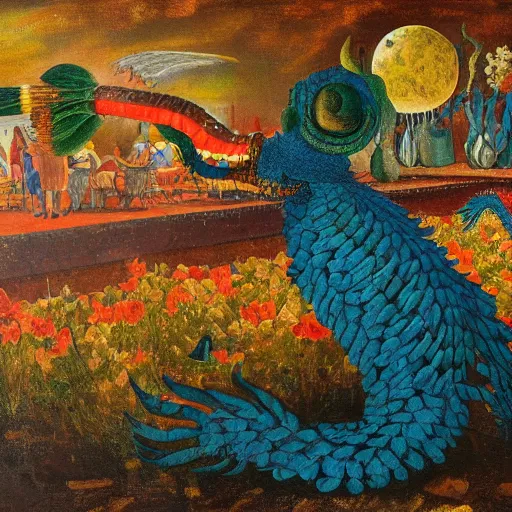 Image similar to high quality, high detail painting, dutch masterpiece, fluxus, blu, film noir, william s burroughs, high garden scene with quetzalcoatl at night, hd, muted lighting