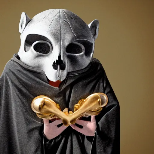 Image similar to photo of anthropomorphic rat with exposed skull wearing dark sorcerer robes