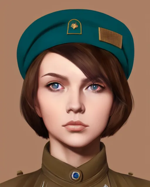 Prompt: portrait of young woman with light brown hair and hazel eyes dressed in a sharp dark teal military uniform with beret, ilya kuvshinov, anime, digital painting