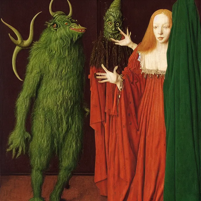 Prompt: a green-horned goblin monster, standing next to veiled figure, by Jan van Eyck