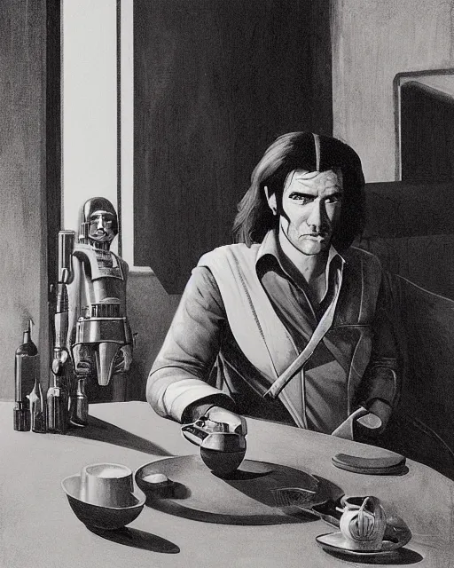 Prompt: rhett sarlin sitting at a table in a cantina on tatooine, long black hair, black leather vest, portrait by ralph mcquarrie