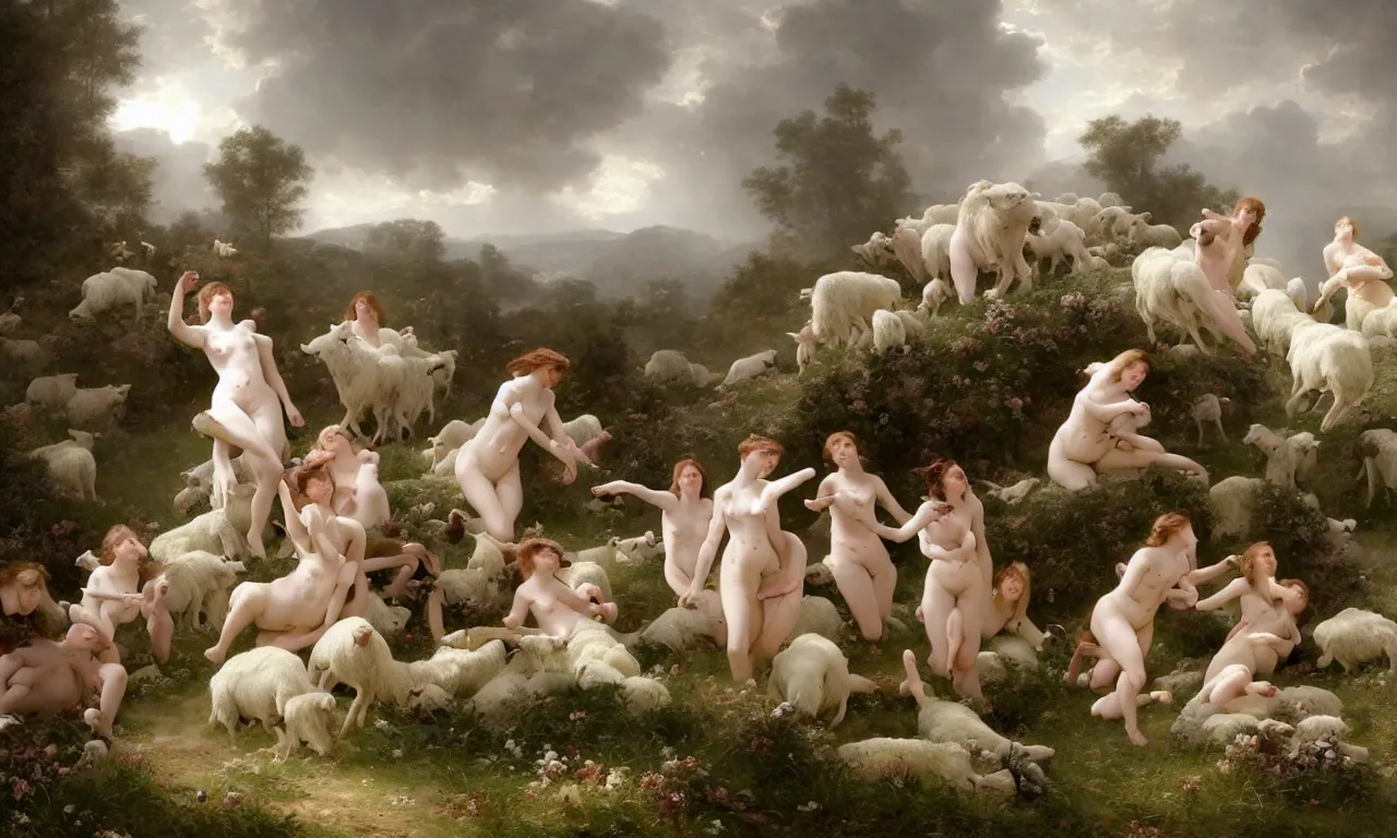 Prompt: a luminous springtime fairytale of beautiful women frolicking together among a herd of sheep in a romantic Scottish Highland setting, baroque, masterpiece 4k digital illustration by Ruan Jia and Mandy Jurgens and William-Adolphe Bouguereau, award winning, Artstation, Gustave Dore' background, intricate details, realistic, panoramic view, volumetric lighting, sun rays beaming, Hyperdetailed, 8k resolution, golden hour, intricate art nouveau, smooth, sharp focus, rendered in Unreal Engine 3