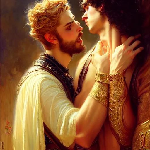 Prompt: attractive fully clothed king confesses his love for his attractive fully clothed male prince. highly detailed painting by gaston bussiere, tom bagshaw, j. c. leyendecker