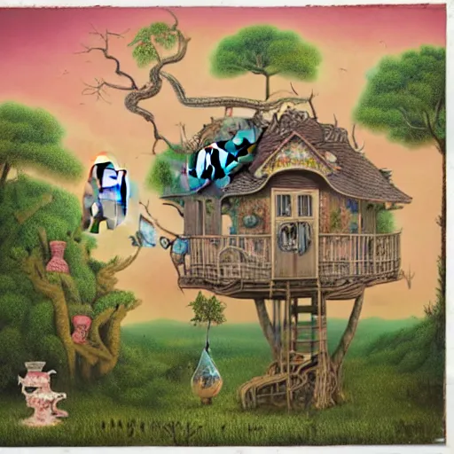 Image similar to tree house and small elephants, lowbrow surrealistic, in the style of Mark Ryden,