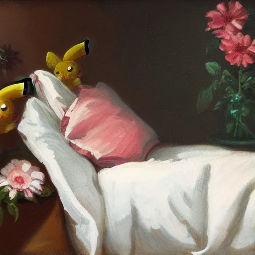 Image similar to Flowers on a bed, oil painting, 1700s, dark background, hidden pikachu