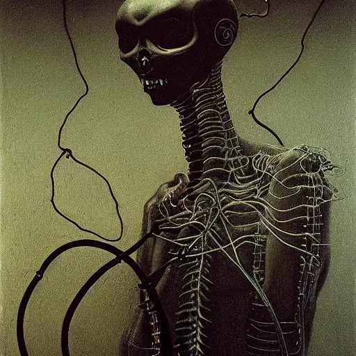 Image similar to alien kept in a holding tank, wires hooked up to body, dark and mysterious science lab, highly detailed beksinski painting