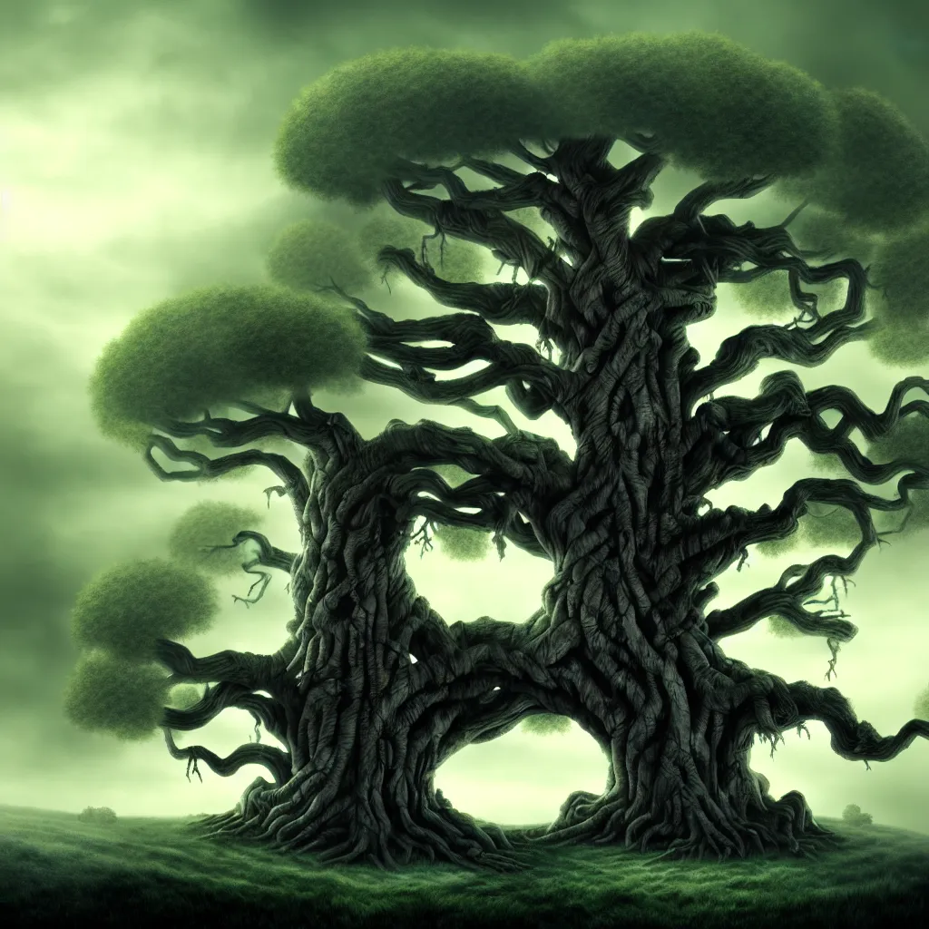 Prompt: evil ancient tree with corpse, on a hill, a detailed matte painting, fantasy, foggy, chiaroscuro