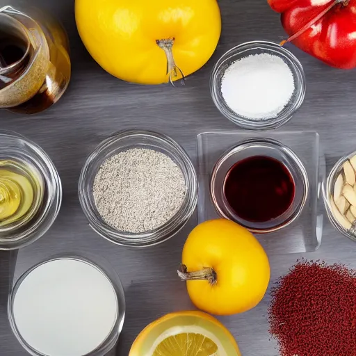 Image similar to photo of a kitchen counter with ingredients scattered across, highly detailed, high quality, HD, 4k, 8k, Canon 300mm, professional photographer, 40mp, lifelike, top-rated, award winning, realistic, sharp, no blur, edited, corrected, trending