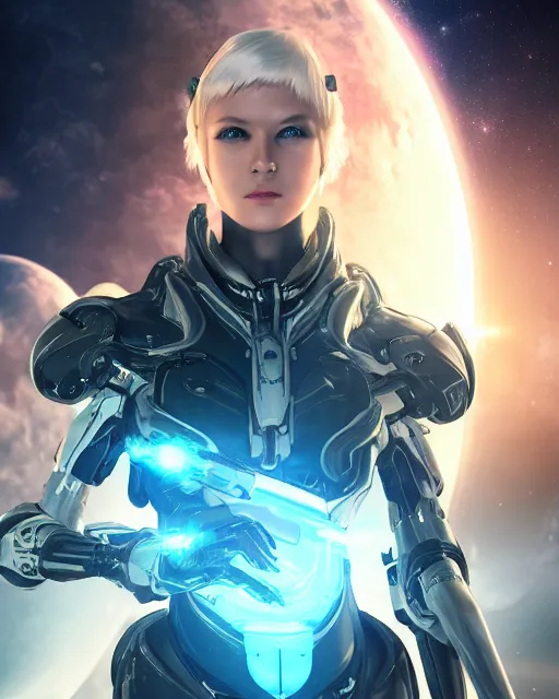 Image similar to photo of a cyborg girl on a space ship, warframe armor, beautiful face, scifi, nebula reflections, futuristic background, dreamy, white hair, blue eyes, glowing, 8 k high definition, insanely detailed, intricate, innocent, art by akihiko yoshida, antilous chao, li zixin, woo kim